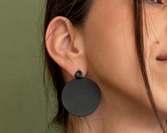 Black Extra Large Disc Earrings with Hoop or Stud Option: Minimal Rock Style Dangling Earrings