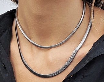 Flat shiny stainless steel snake chain choker, silver herringbone chunky necklace, dark silver chain choker, simple choker, fashion collar