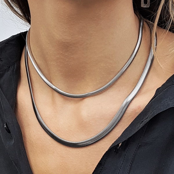 Flat shiny stainless steel snake chain choker, silver herringbone chunky necklace, dark silver chain choker, simple choker, fashion collar