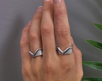Antique Silver V Shape Ring• Womens Engraved Lines Open Ring• Rock Style Geometric Stackable Ring• Silver Arrow Shape Ring by AnAngelsHug