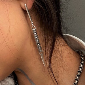 Edgy spike charm earrings, statement sharp extra long earrings, foxtail chain drop earrings, punk rock pointy dangle earrings, gift for her