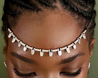 Silver Dainty HEAD PIECE Hammered Charm Beads: Adjustable Genuine Leather Cord