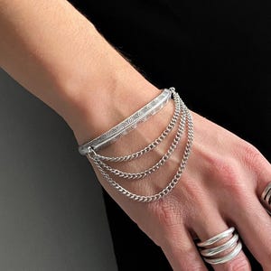 Bold Triple Chain Ethnic Cuff Bracelet• Boho Style Layered Chains Engraved Open Cuff• Multiple Chains Statement Thick Bangle by AnAngelsHug