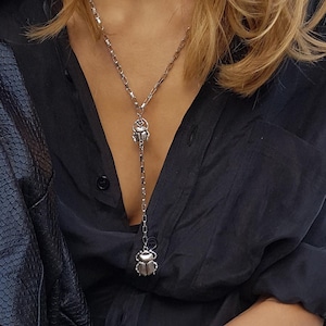 Silver scarab box chain necklace, beetles Y necklace, Egyptian scarab necklace, beetle luck charm pendant, dainty dark silver chain necklace