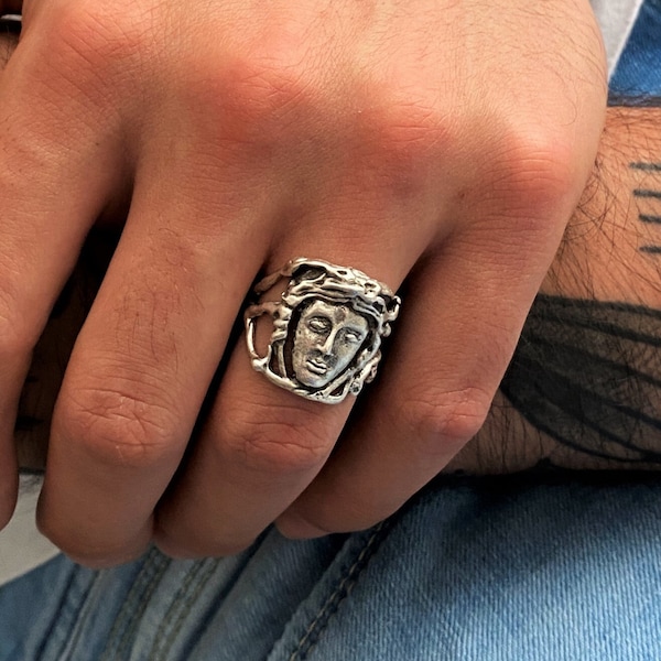 Ancient mythology head ring, mens adjustable face symbol ring, mens antique silver boho style ring, unique large face ring, boyfriends gift