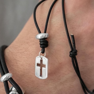 Lightweight Silver Cross Necklace• Long Chain pendant• Religious Dog Tag Cross Pendant• Unisex Christian Leather Necklace by AnAngelsHug