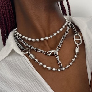 Multi Layered Chains Stackable Necklace SET• Avant Garde Box Chain Necklace• Chunky Ball Chain Choker Necklace by AnAngelsHug• Birthday Gift