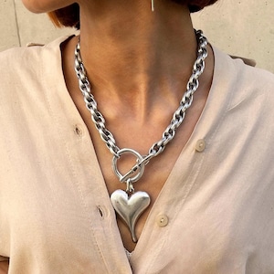 Statement Silver Chunky Hollow Heart Pendant• Stainless Steel Engraved Chain Choker• Vintage Style Heart Large Toggle Necklace• AnAngelsHug
