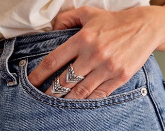 Stacking Engraved Antique Silver V Shape Open Ring: Vintage Style Adjustable Wide Band Ring