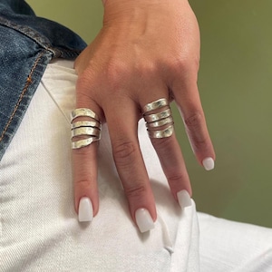 Chunky Perforated Four Line Ring• Adjustable Statement Silver Ring• Hammered Stripes Abstract Band Ring by AnAngelsHug• Jewelry Gift Idea
