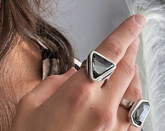 Original Swarovski antique silver ring, luxury triangle crystal ring, geo thick Swarovski ring, uno de 50 style crystal ring, womens gift