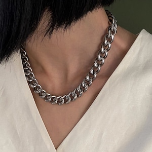 Dark thick silver stainless steel cuban link chain necklace, sturdy curb chain statement necklace, heavy solid chain necklace, chunky choker