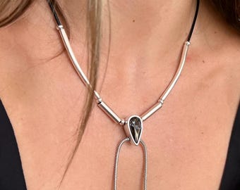 Modern Silver Leather Necklace with Swarovski Drop Charms: Adjustable Boho Style