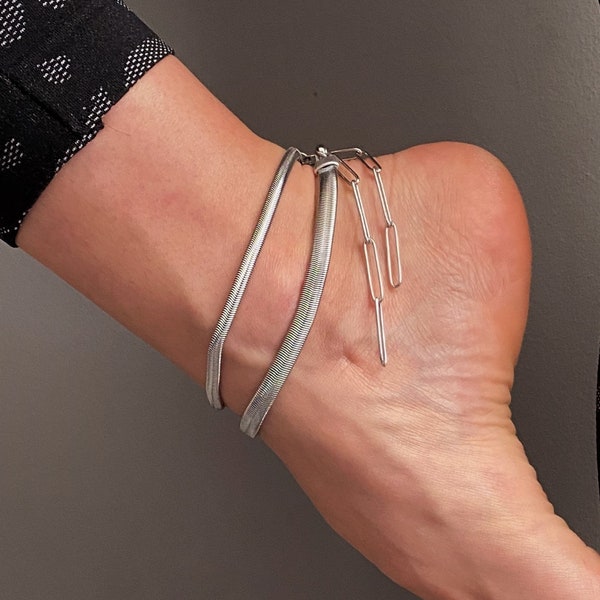 Anklet snake chain bracelet, bold leg/ wrist herringbone chain bracelet, adjustable dark silver anklet chain, waterproof chain foot bracelet