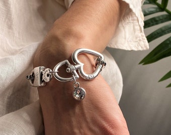 Stainless steel Swarovski padlock bracelet, oval link chain bracelet, crystal pendant chain bracelet, large heart snap lock cuff,womens gift