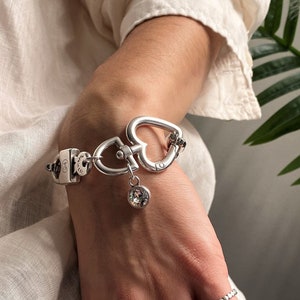 Bracelet cadenas Swarovski en acier inoxydable, bracelet chaîne à maillons ovales, bracelet chaîne à pendentif en cristal, grande manchette à cadenas coeur, cadeau femme