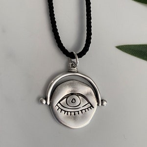Black Long Mens Evil Eye Pendant• Evil Eye Protection Charm Pendant• Minimal Silver Eye Gray Cord Necklace by AnAngelsHug• Unisex Gift Idea