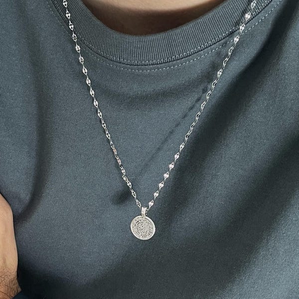Phaistos Coin Chain Pendant• Men's Ancient Disc Necklace• Unisex Coin Pendant• Rock Style Coin Necklace• by AnAngelsHug• Men's Gift