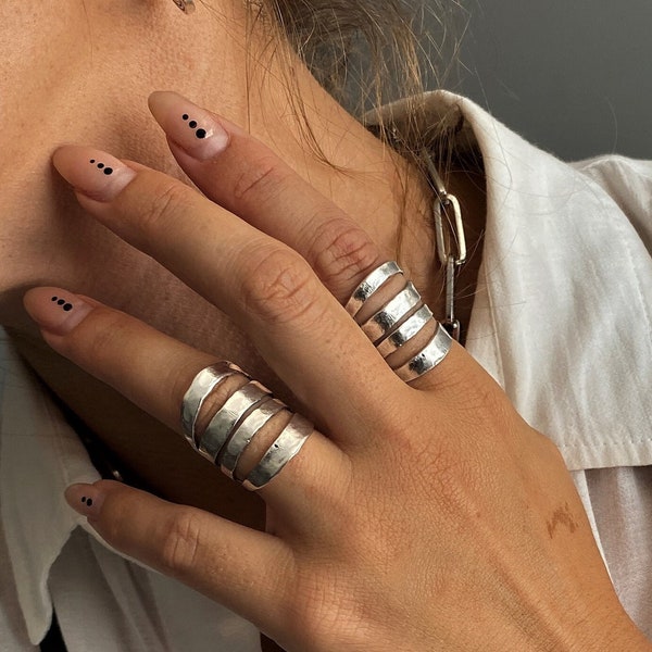 Chunky perforated ring, adjustable statement ring,  silver hammered ring, women silver stripes ring, abstract lines band ring, birthday gift