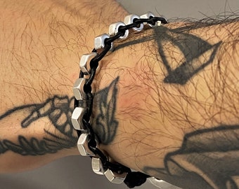 Mens nuts black leather metal bracelet, metal industrial bracelet, boyfriend gift, rock style bracelet, unisex leather steampunk cuff, gifts