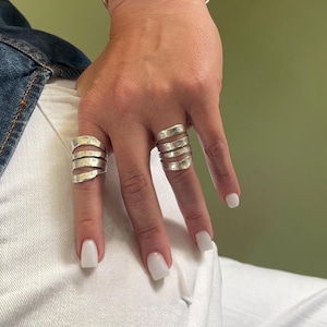 Chunky Perforated Four Line Ring• Adjustable Statement Silver Ring• Hammered Stripes Abstract Band Ring by AnAngelsHug• Jewelry Gift Idea