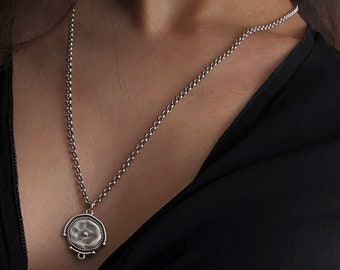 Ancient Greek coin silver necklace, engraved coin short pendant, stainless steel rolo chain round coin pendant, gift for her, Christmas gift