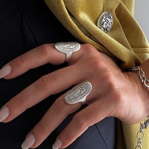 Antique silver Madonna oval ring, long geometric Miraculous medal ring, everyday Virgin Mary open ring, Mother of God jewelry, gift for her