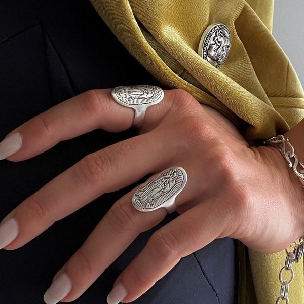 Antique silver Madonna oval ring, long geometric Miraculous medal ring, everyday Virgin Mary open ring, Mother of God jewelry, gift for her