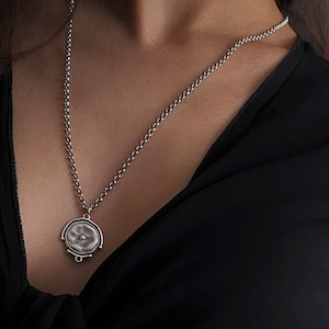 Ancient Greek coin silver necklace, engraved coin short pendant, stainless steel rolo chain round coin pendant, gift for her, Christmas gift