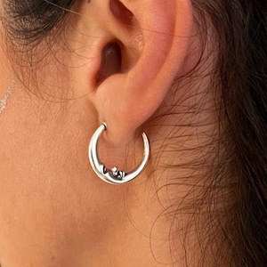 Silver small moon face hoop earrings, dainty half moon stud earrings, womens everyday stud earrings, celestial jewelry, christmas gift idea