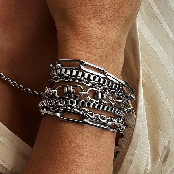 Silber-Armband mit mehreren Ketten, klobiges Silberarmband, mehrstrangiges Armband für Damen, Rock-Style-Armband, modernes Armband