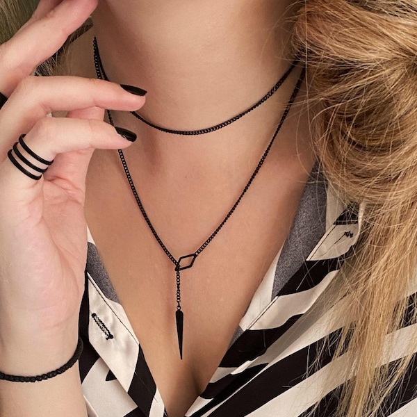 Adjustable Lariat Black Necklace• Pointy Lightweight Womens Necklace• Sharp Pendant Necklace• Gift for Her• Spike Charm Necklace AnAngelsHug