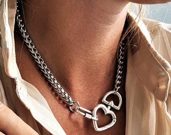 Silver heart spring gate chain carabiner necklace, shiny stainless steel chain locket necklace, statement heart push gate snake chain choker