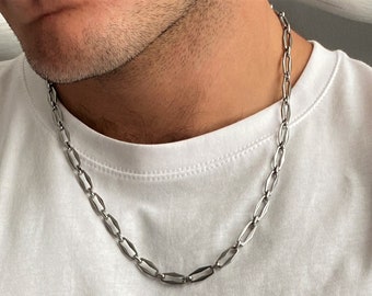 Mens oval chain necklace, mens short dark silver link chain necklace, rock style unisex chain pendant, mens streewear necklace, gift for him