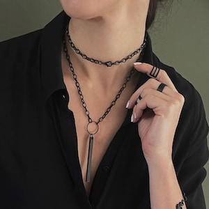 Womens matte black bar and chain necklace, long black metal bar pendant, black rolo chain unisex necklace, black geometric jewelry, gift