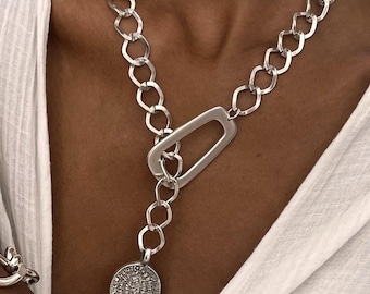 Silver plated statement coin necklace, chunky chain lariat necklace, unique chain Phaistos disc pendant, lightweight adjustable bold pendant