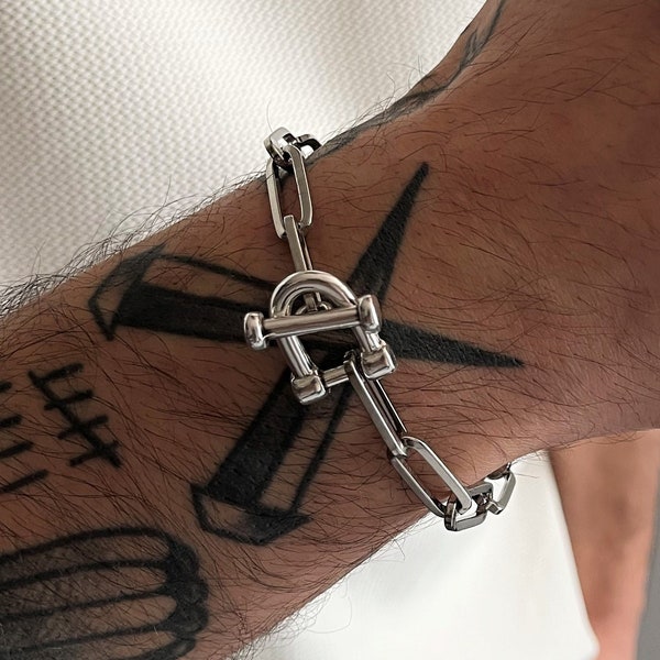 Stainless steel chain shackle bracelet, oversized paperclip chain cuff bracelet, statement thick link chain locket bracelet, boyfriends gift