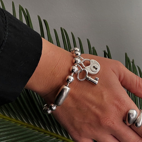 Gros cadenas et bracelet porte-clés pour femme, manchette en argent, chaîne épaisse pour porte-clés, manchette de style Uno de 50, cadeau pour femme