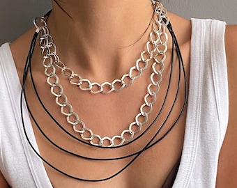 Silver bold chains necklace, layering chynky necklace, leather cords chain necklace, rock style necklace, statement necklace, unique jewelry