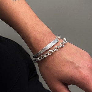 Silver double chain half metal bracelet, womens engraved bracelet, antique silver chain adjustable cuff, rock style hammered half metal cuff