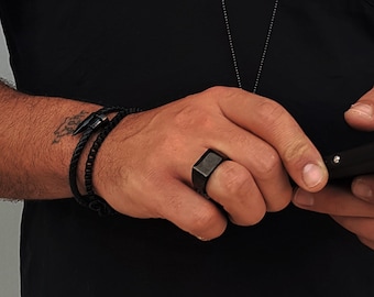 Mens Jet Black Signet Ring• Glossy Black Stainless Steel Smooth Ring• Unisex Pinky Square Ring• Minimal Black Band Ring by AnAngelsHug
