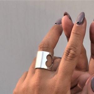 Womens antique silver double sided hearts open ring, wide smooth love ring, oversized heart shaped solid ring, AnAngelsHug, anniversary gift