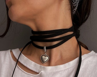 Womens heart leather choker, wrap leather choker, wrap necklace, boho necklace, minimalist jewelry, heart jewelry, silver heart necklace