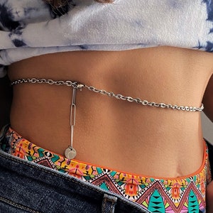 Waterproof silver stainless steel waist chain, delicate rolo belly chain, minimalist body chain, adjustable waist chain, belly accessories