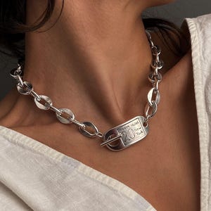 Antique silver bold chain necklace, uno de 50 style chain necklace, oxidized silver chunky link chain necklace, ID tag rock style choker