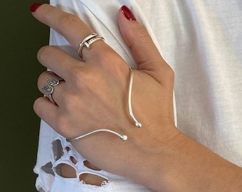 Silver Open Cuff Hand Palm Bracelet:  Dainty Wire Contemporary Wrap Bracelet