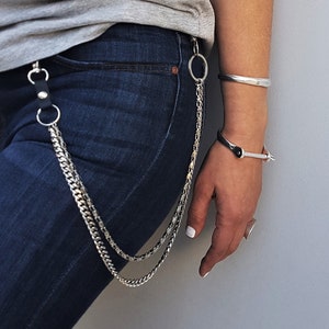 Unisex silver double wallet pants chain, dog clip key PUNK WAIST CHAINS, rock style biker silver chains accessory, wallet holder curb chains