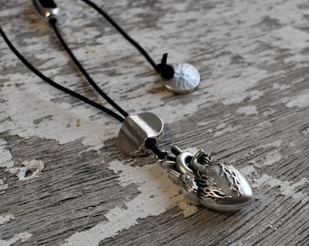 Silver anatomical heart leather mens necklace, human realistic heart long pendant, unisex 3d real heart pendant, boyfriend gift, mens gift