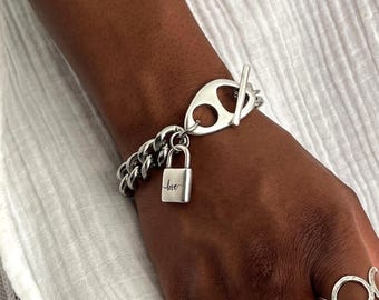Oversized miami cuban link womens locket bracelet, chunky love padlock charm bracelet, dark silver curb chain statement bracelet, gift idea