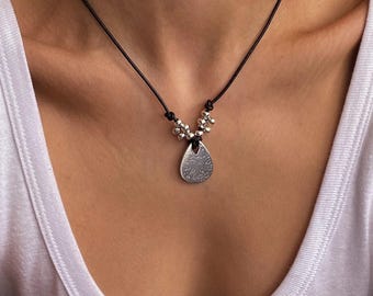 Womens genuine leather cord pendant, black leather adjustable pendant, silver plated charm necklace, short leather pendant, gift for her